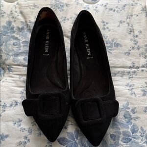 Anne Klein Black Pointed-Toe Flats with Decorative Buckle